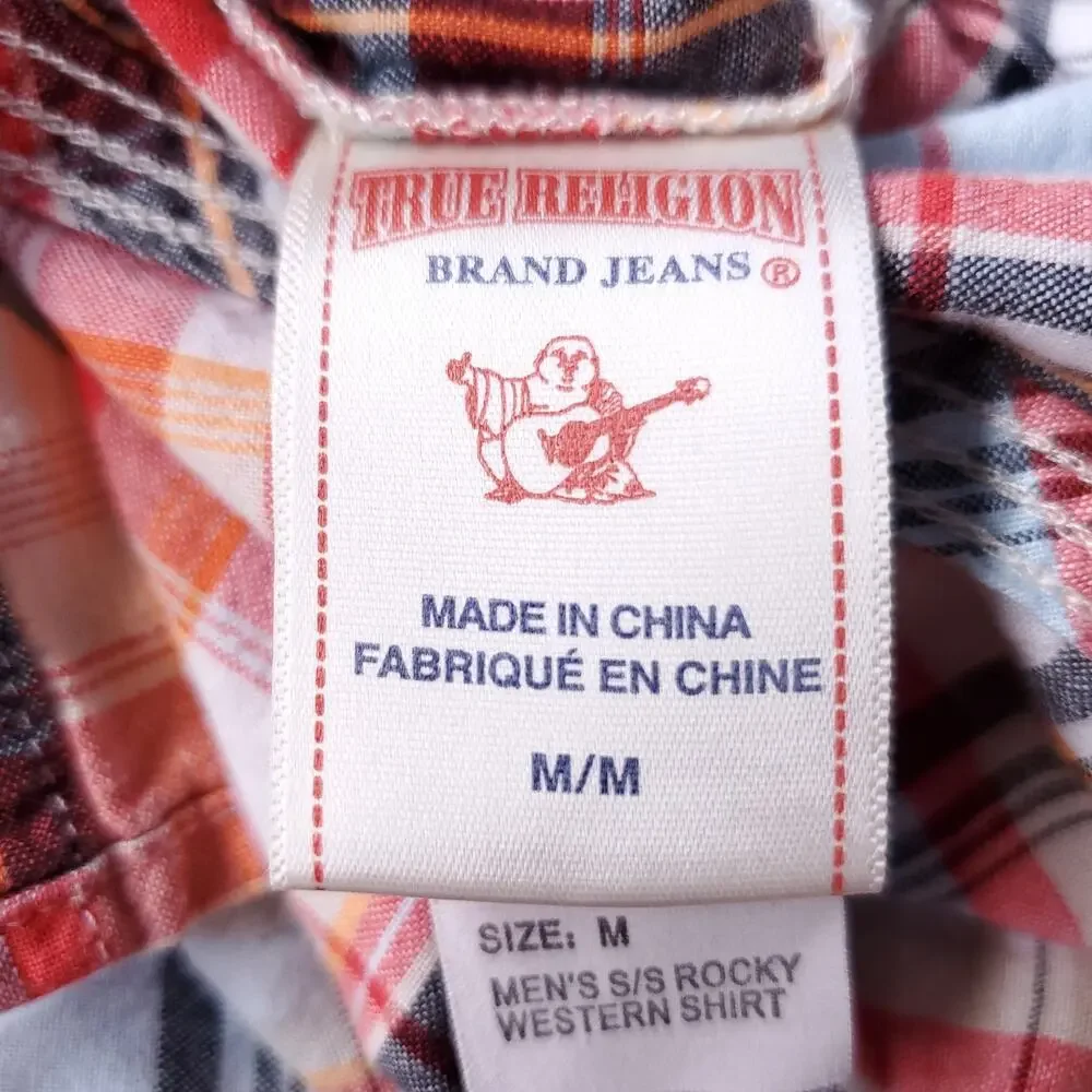 True Religion Rocky Western Shirt Men M Plaid Pearl Snaps Short Sleeve Cowboy‎